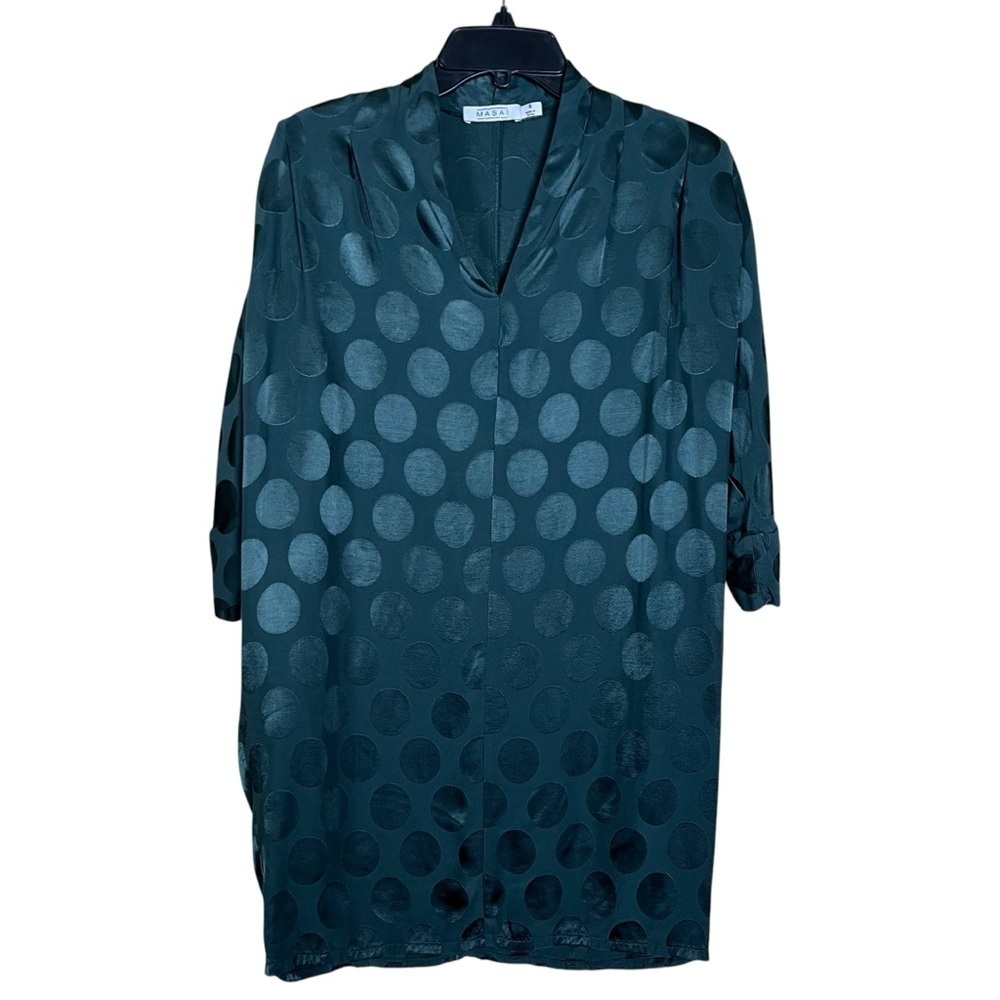 Masai Tunic Blouse Women’s Small Green Satin V Neck Relaxed Circle Print